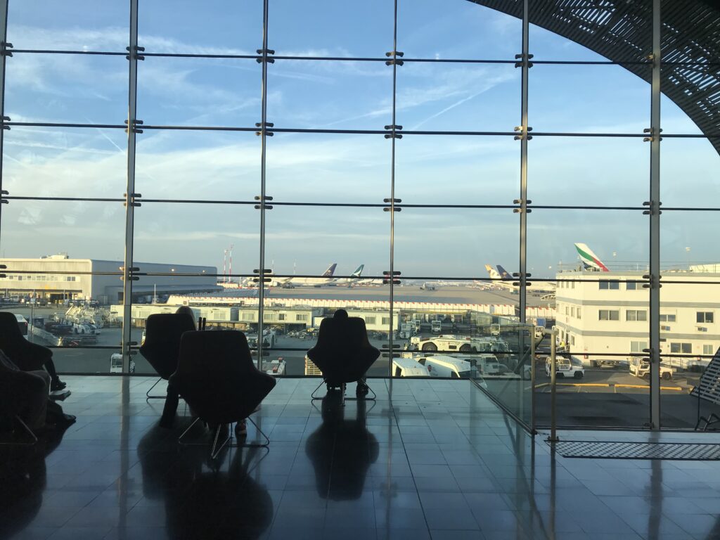 A window at the Charles de Gaulle airport.