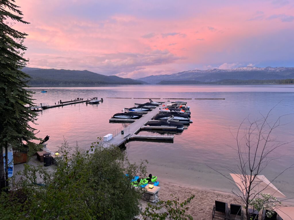 Sunset over the Payette lake at one of the best family resorts in Idaho the shore lodge