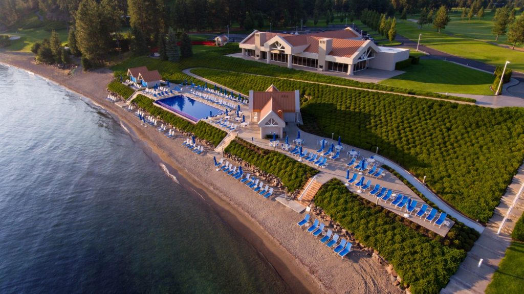 Aerial view of the pool at one of the best family resorts in Idaho, Coeur d'Alene Resort.